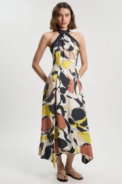 Robe Maxi Col Licou À Imprimé Abstrait En Lin Viscose Tissé