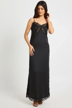 Robe Maxi Colonne Mélange Satin Dentelle