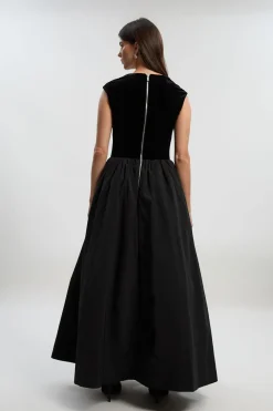 Robe Maxi à Corsage en Velours et Taille Basse en Taffetas