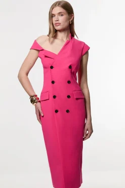 Robe Maxi Crayon Ajustée Stretch Compact à Col Asymétrique