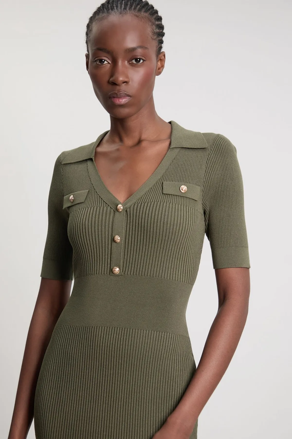 KarenMillen Robe Maxi Côtelée À Col Avec Détails Militaires Petite<Femme Robes|Robes Longues