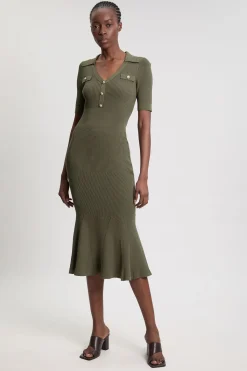 KarenMillen Robe Maxi Côtelée À Col Avec Détails Militaires Petite<Femme Robes|Robes Longues