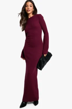 Robe Maxi à Côtes Larges, Dos Noué et Manches Évasées