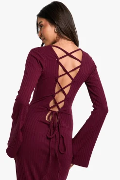 Robe Maxi à Côtes Larges, Dos Noué et Manches Évasées