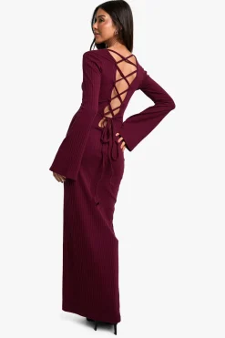 Robe Maxi à Côtes Larges, Dos Noué et Manches Évasées