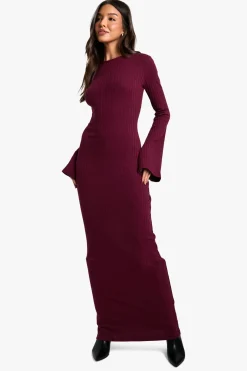 Robe Maxi à Côtes Larges, Dos Noué et Manches Évasées
