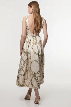 KarenMillen Robe maxi de bal structurée en satin de viscose à imprimé chaîne et coupe ajustée<Femme Tailleurs|Satin Et Dentelle