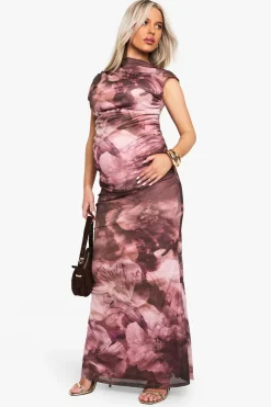 Robe maxi de maternité abstraite en mesh froncé
