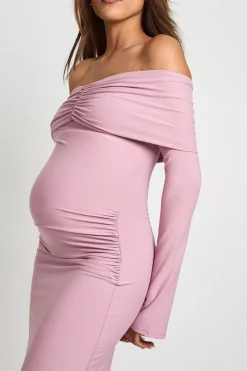 Robe maxi de maternité Bardot à fronces et manches évasées