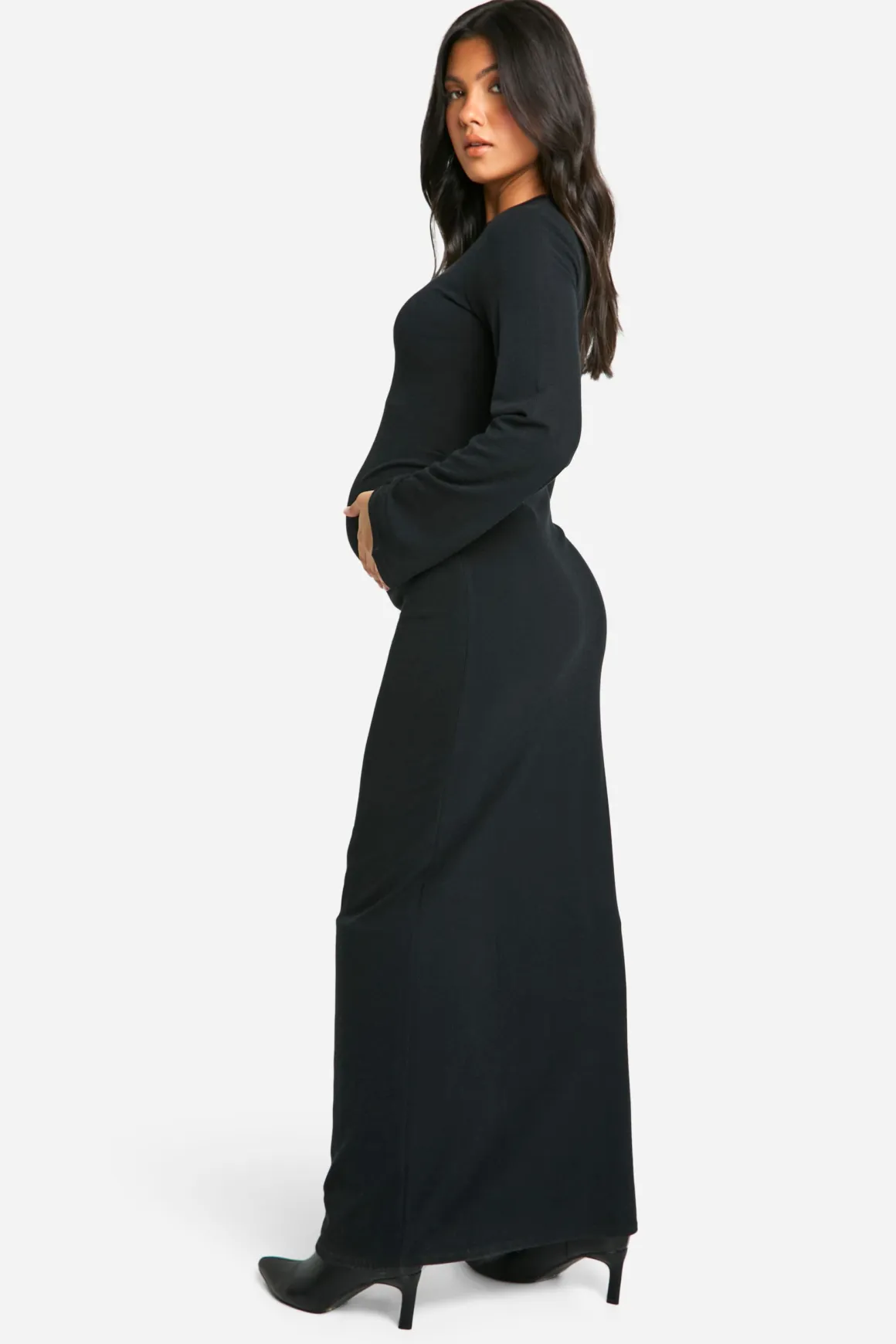 Robe maxi de maternité à col rond, tissu côtelé, coupe colonne et manches évasées