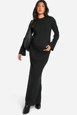 Robe maxi de maternité à col rond, tissu côtelé, coupe colonne et manches évasées