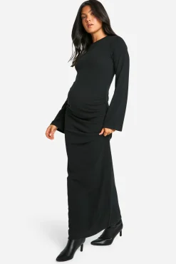 Robe maxi de maternité à col rond, tissu côtelé, coupe colonne et manches évasées