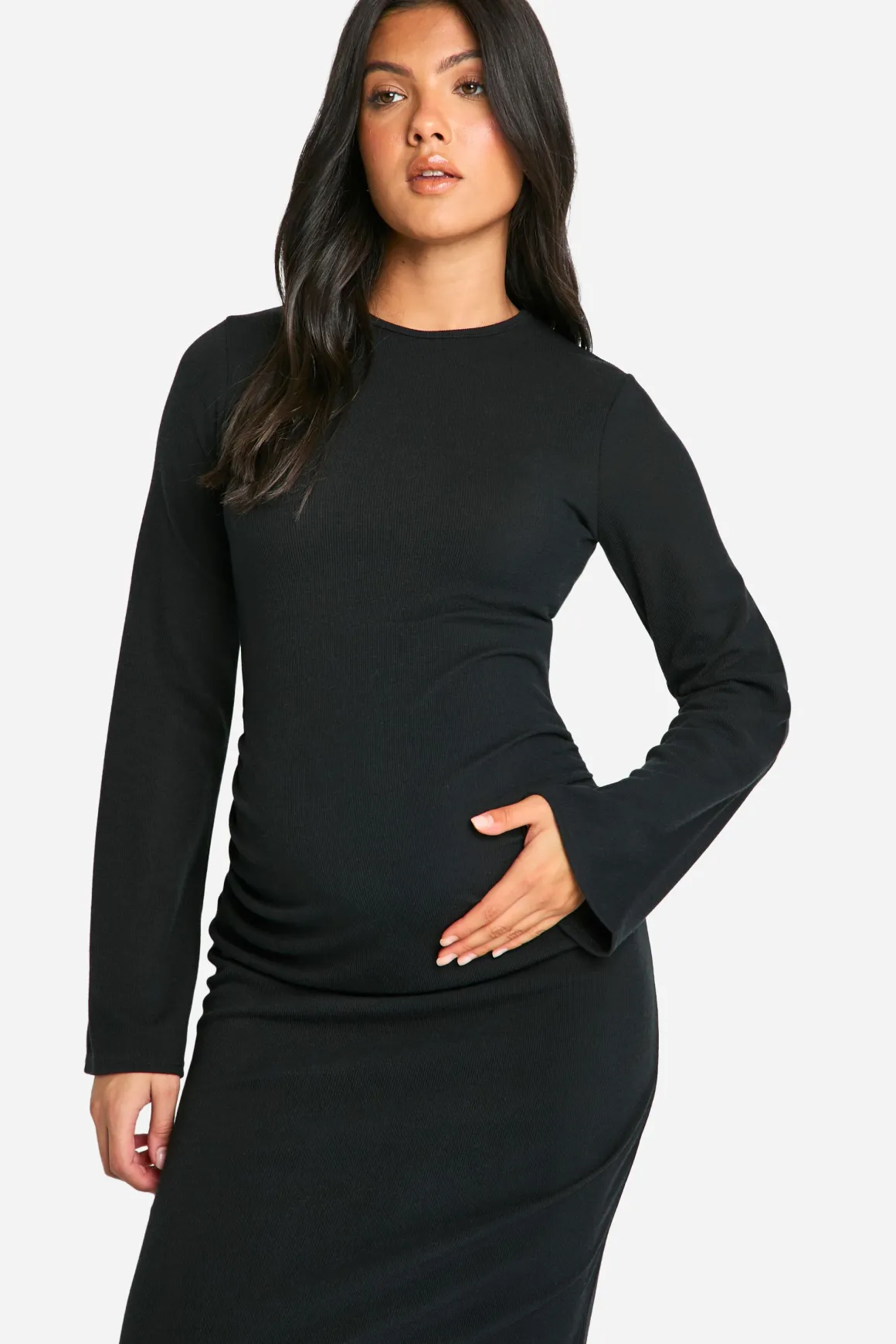 Robe maxi de maternité à col rond, tissu côtelé, coupe colonne et manches évasées