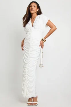 Robe Maxi De Maternité À Double Couche Froncée Col Plongeant Et Manches Chauve-souris