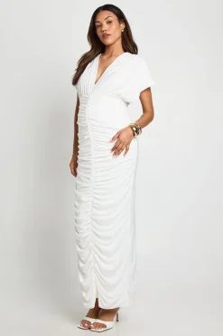 Robe Maxi De Maternité À Double Couche Froncée Col Plongeant Et Manches Chauve-souris