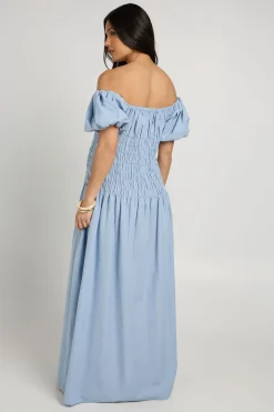 Robe Maxi De Maternité Effet Lin À Manches Bouffantes Et Corsage Froncé