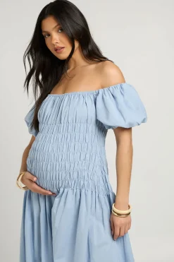 Robe Maxi De Maternité Effet Lin À Manches Bouffantes Et Corsage Froncé
