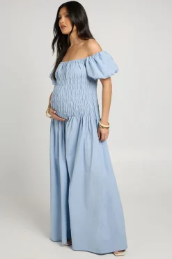 Robe Maxi De Maternité Effet Lin À Manches Bouffantes Et Corsage Froncé