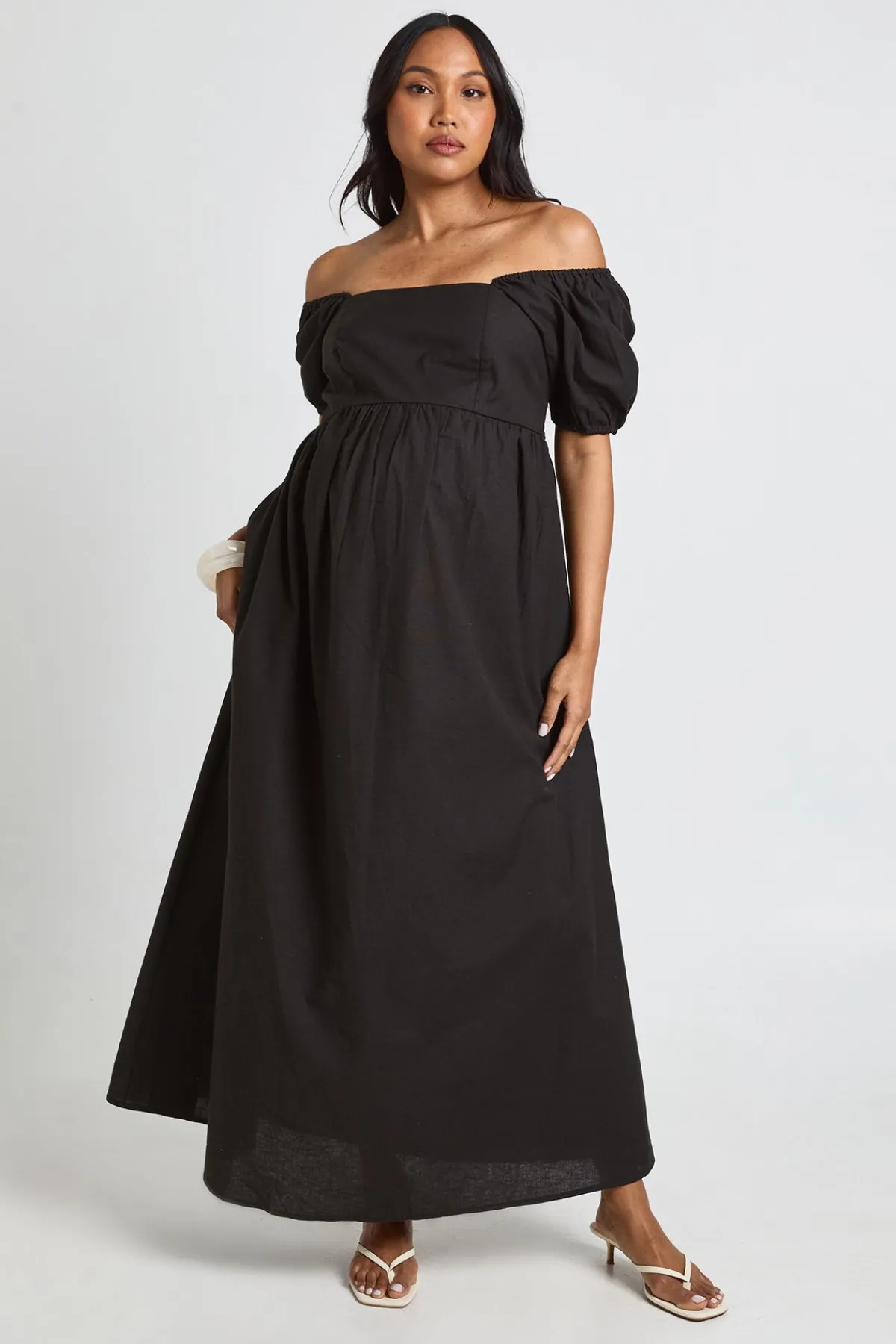 boohoo Robe Maxi De Maternité En Lin À Manches Bouffantes Et Fronces<Femme Robes Patineuses|Robes