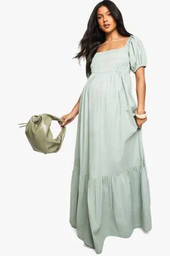 Robe Maxi De Maternité En Popeline De Coton À Manches Bouffantes