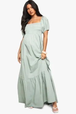 Robe Maxi De Maternité En Popeline De Coton À Manches Bouffantes