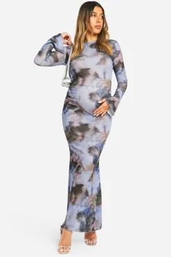 boohoo Robe maxi de maternité à imprimé abstrait et ourlet à volants à manches longues<Femme Robes Moulantes|Robes À Manches Longues