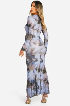 boohoo Robe maxi de maternité à imprimé abstrait et ourlet à volants à manches longues<Femme Robes Moulantes|Robes À Manches Longues