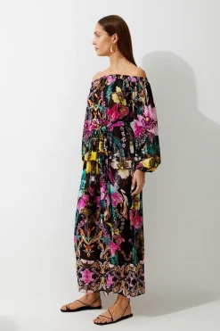 Robe maxi de plage Bardot en viscose géorgette tropical miroir