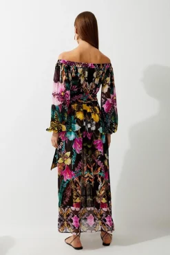 Robe maxi de plage Bardot en viscose géorgette tropical miroir