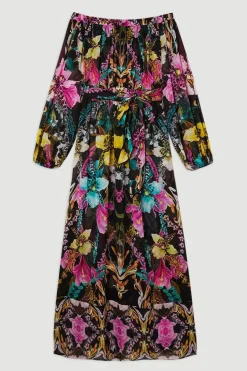 Robe maxi de plage Bardot en viscose géorgette tropical miroir