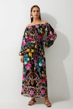 Robe maxi de plage Bardot en viscose géorgette tropical miroir