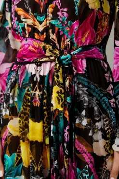 Robe maxi de plage Bardot en viscose géorgette tropical miroir
