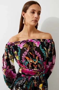 Robe maxi de plage Bardot en viscose géorgette tropical miroir