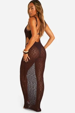 Robe Maxi de Plage Découpée en Crochet Popcorn