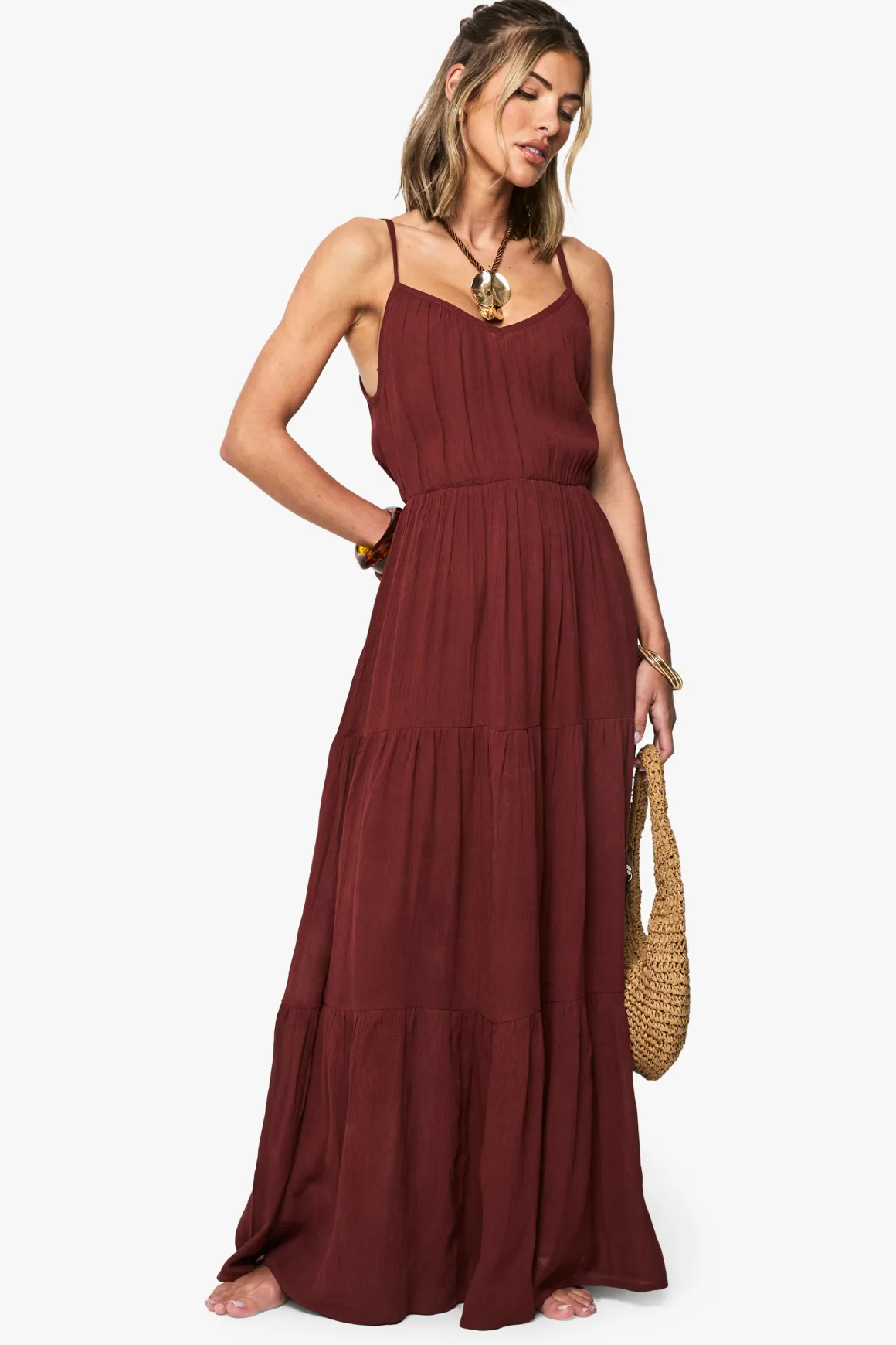 Robe maxi de plage en étamine à volants