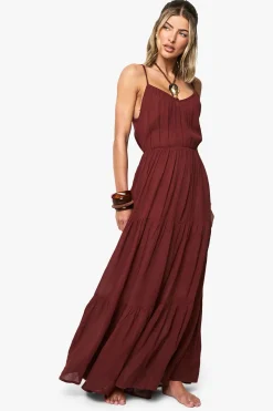 Robe maxi de plage en étamine à volants