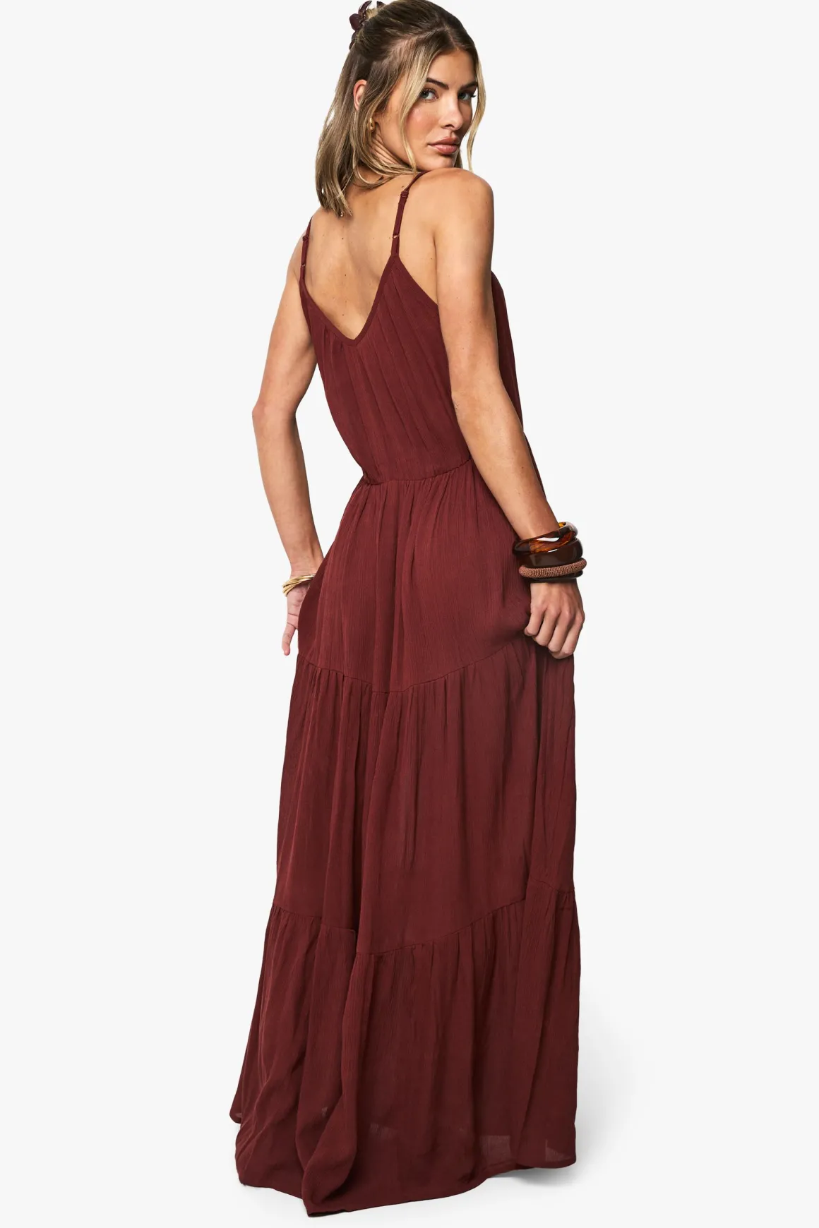 Robe maxi de plage en étamine à volants