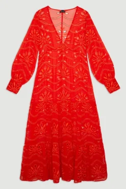 Robe maxi de plage en viscose géorgette à travaux découpés