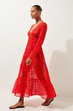 Robe maxi de plage en viscose géorgette à travaux découpés