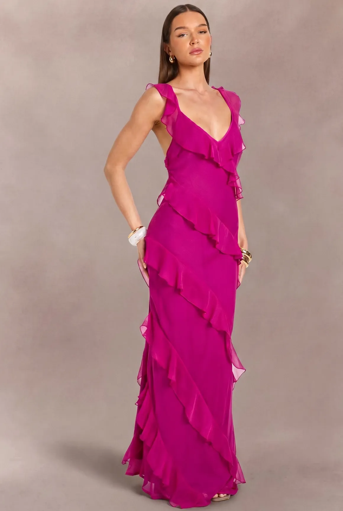 Robe Maxi Dos Nu En Mousseline Avec Détails À Volants