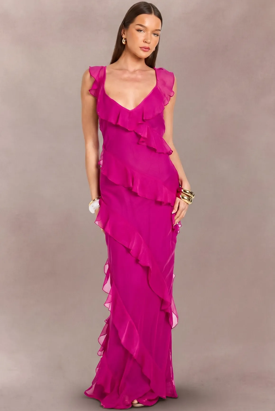 Robe Maxi Dos Nu En Mousseline Avec Détails À Volants