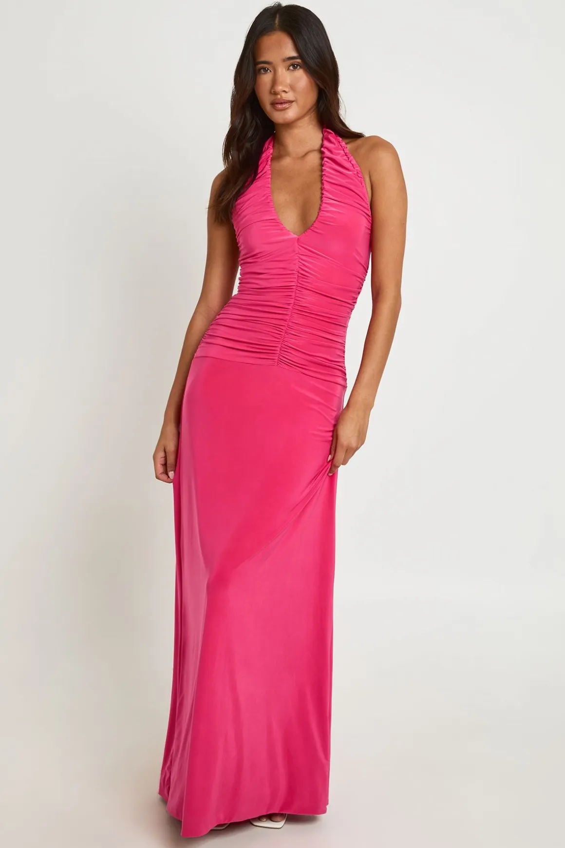 Robe Maxi Dos Nu À Fronces Et Encolure Licou Double Épaisseur