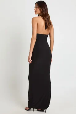 Robe Maxi Double Couche En Tissu Slinky À Col Licou Avec Détails Froncés Sur Les Côtés