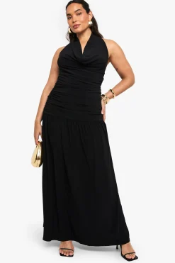 Robe maxi à double couche froncée avec détail de col drapé