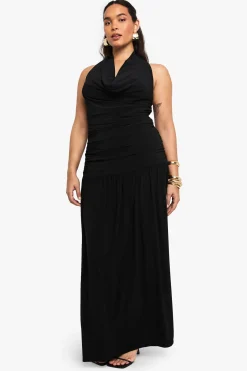 Robe maxi à double couche froncée avec détail de col drapé