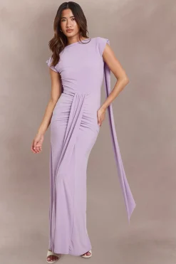Robe Maxi Drapée Devant À Double Couche En Tissu Slinky Avec Encolure Intégrée