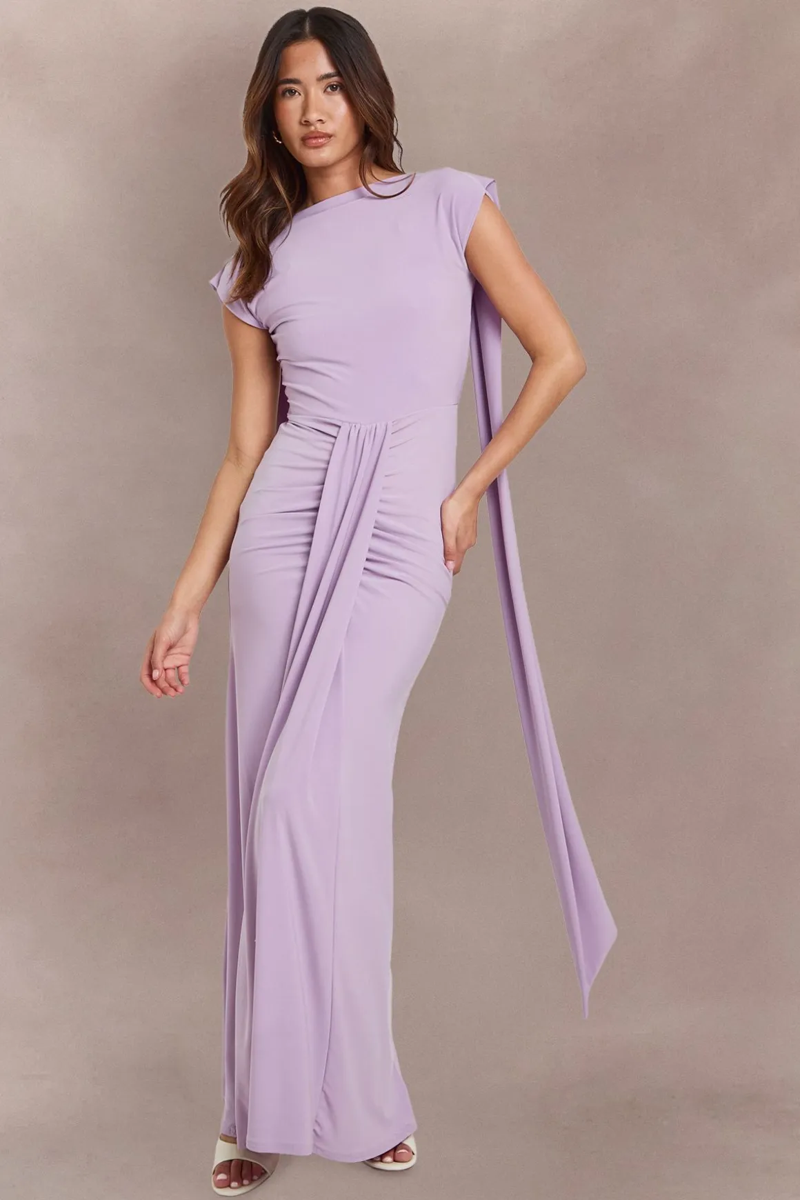 Robe Maxi Drapée Devant À Double Couche En Tissu Slinky Avec Encolure Intégrée