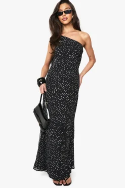Robe maxi drapée en chiffon à pois