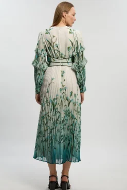 Robe Maxi Drapée En Georgette Tissée À Col En V Plissé Et Motif Floral Ombré