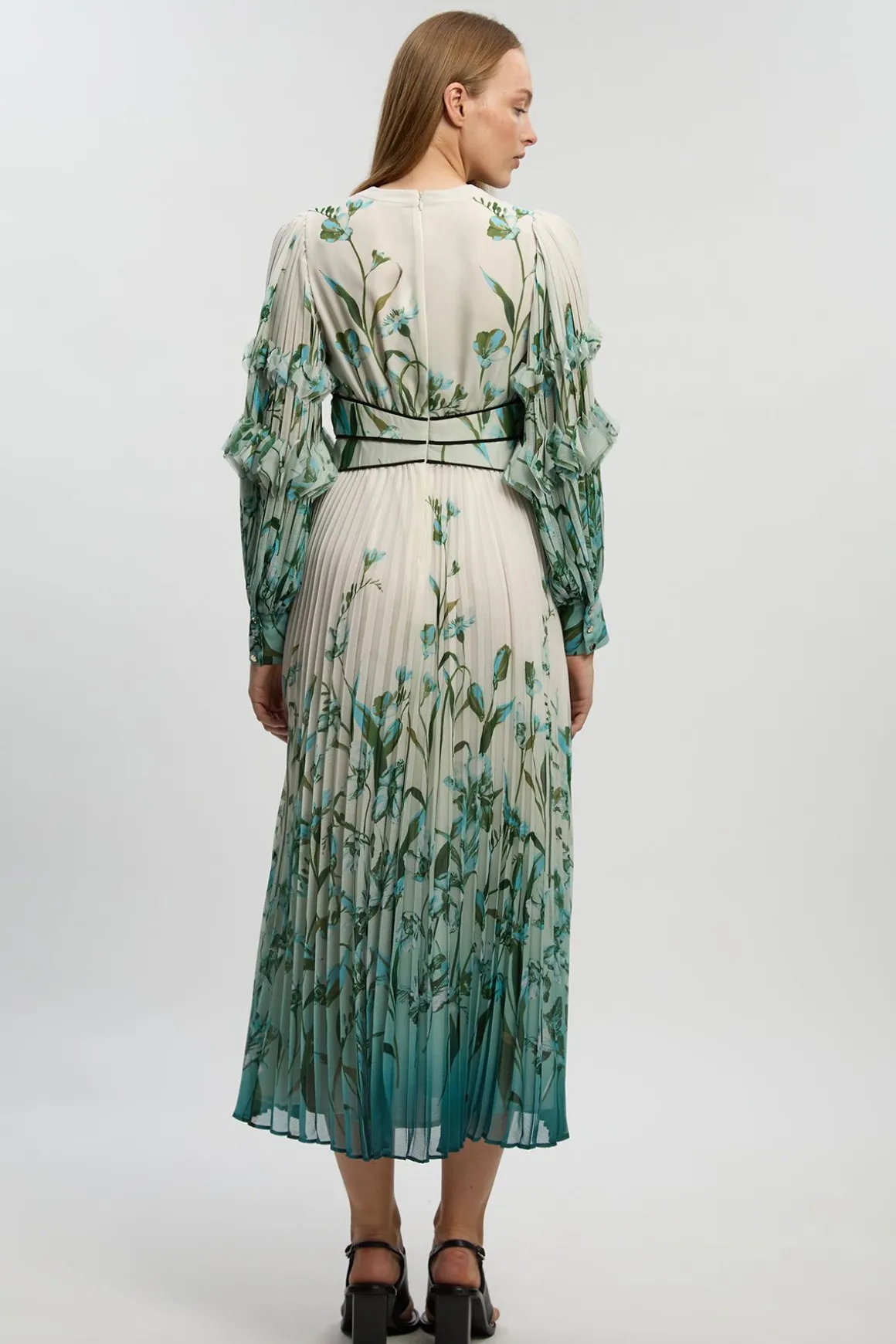 Robe Maxi Drapée En Georgette Tissée À Col En V Plissé Et Motif Floral Ombré
